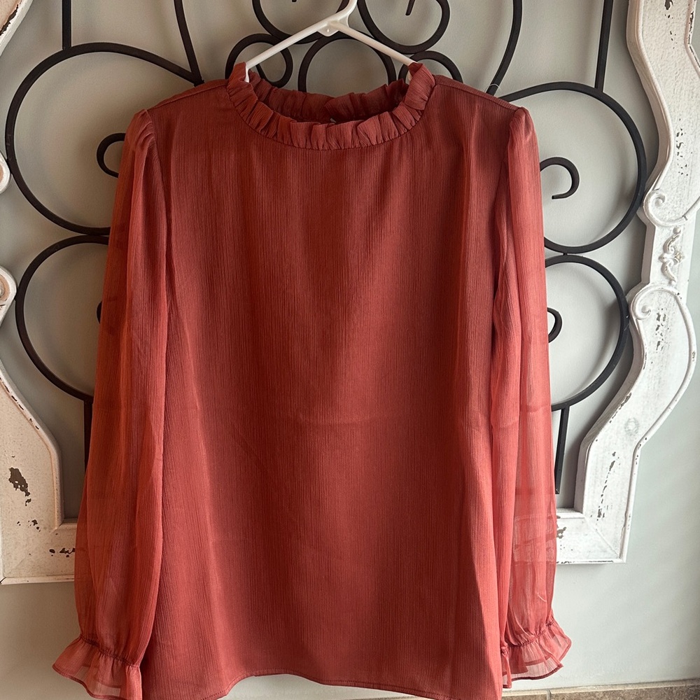 Chic Ruffled Neck Blouse - Terracotta